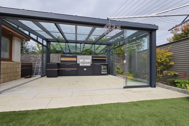 Outdoor Kitchen on patio in Stewarton, Ayrshire under large glass pergola
