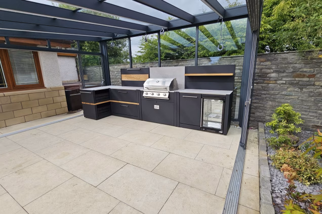 Outdoor Kitchen on patio in Stewarton, Ayrshire in large glass panelled pergola