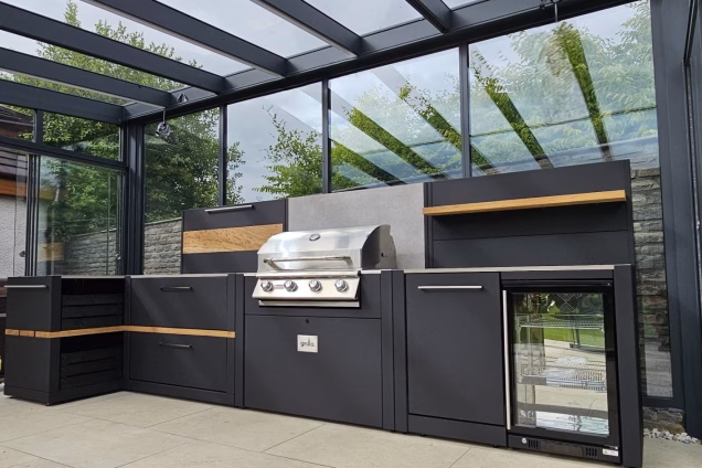 Outdoor Kitchen on patio in Stewarton, Ayrshire under glass pergola