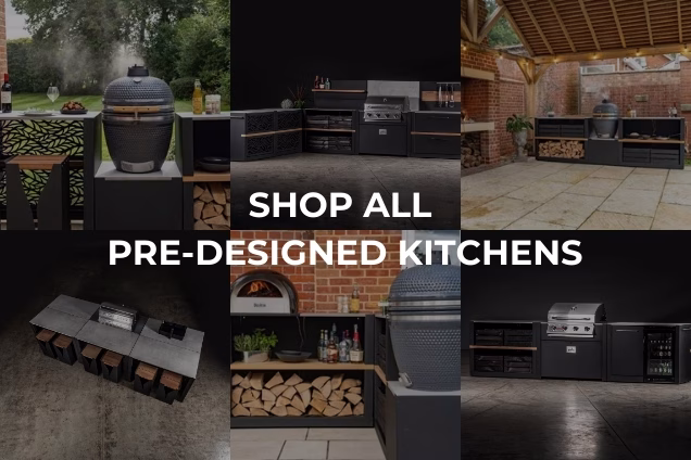 outdoor kitchen graphic with collage of photos in background