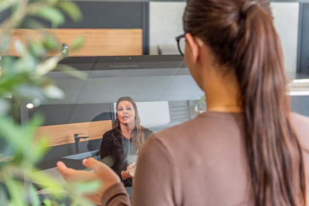 person talking to grillo customer in showroom