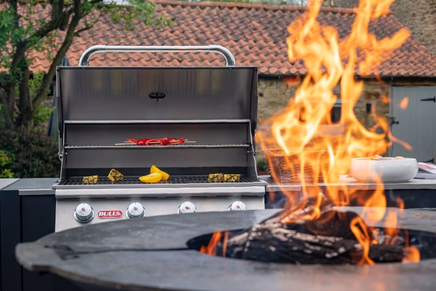 bull gas grill behind lit grillo short anvil