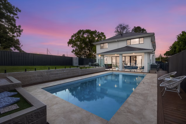 A beautiful property in Old Toongabbie, Sydney, at dusk. The property has recently been refurbished in French provincial style.