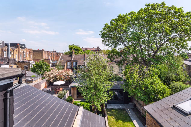 The view from an upstairs window of a house in Stoke Newington, London, looking down the garden.