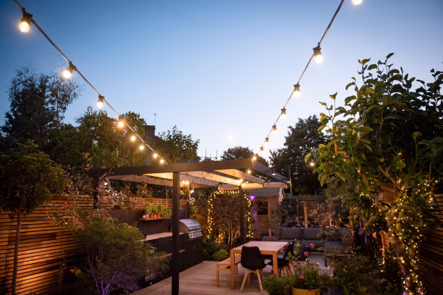 A photo showing strings of decorative lights going over a garden in Lewisham