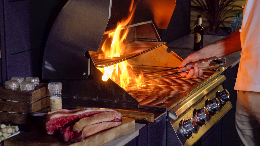 Closeup of picanha steak being seared on the heavy steel grates of the Bull Outlaw BBQ