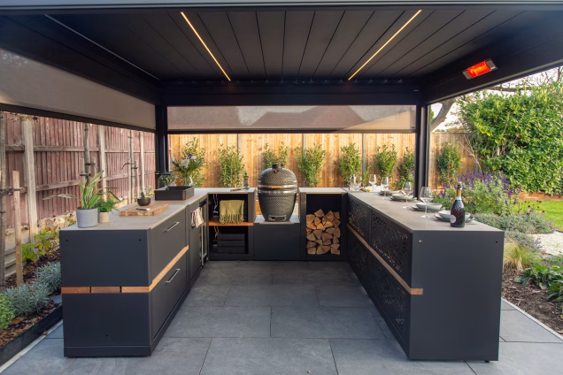 A Grillo outdoor kitchen and Pergola in a newly finished garden in Acle, Norfolk