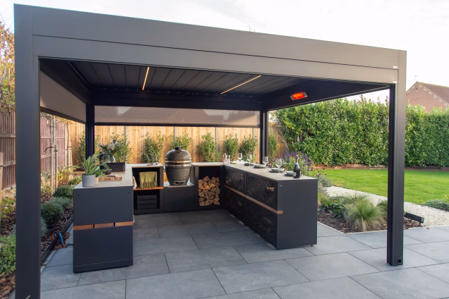 A Grillo Pergola and outdoor kitchen in a garden in Acle, Norfolk Broads