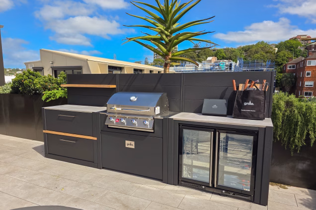 A Grillo outdoor kitchen with a Grillo welcome pack just after install on a Sydney roof terrace