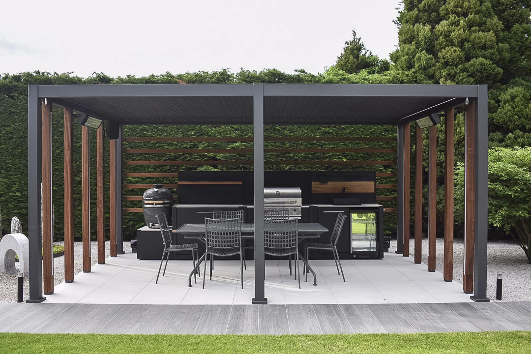 Grillo outdoor kitchen on a patio underneath a pergola