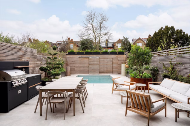 patio and pool with seating and outdoor kitchen
